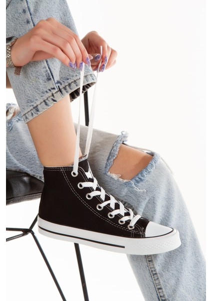 Günlük Keten Rahat Bilekli Siyah Uzun Convers Sneaker Spor Ayakkabı