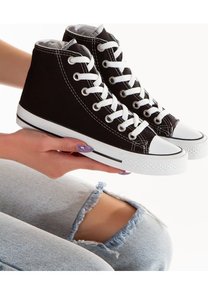 Günlük Keten Rahat Bilekli Siyah Uzun Convers Sneaker Spor Ayakkabı
