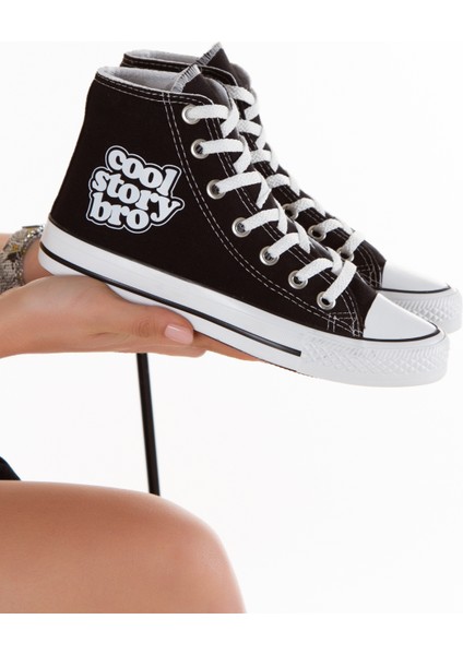 Günlük Keten Rahat Bilekli Siyah Uzun Convers Baskılı Sneaker Spor Ayakkabı
