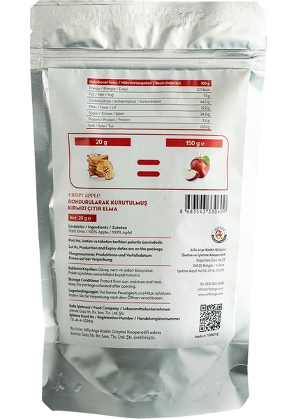 Freeze Dried Kırmızı Elma Dondurularak Kurutulmuş 20 gr