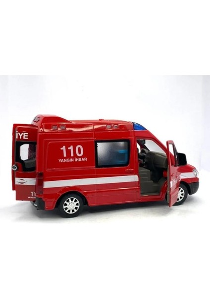 Diecast Metal Itfaiye Mercedes Sprinter Çek Bırak Işıklı Siren Sesli 14 cm Kapıları Açılır