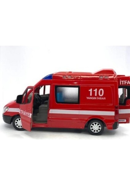 Diecast Metal Itfaiye Mercedes Sprinter Çek Bırak Işıklı Siren Sesli 14 cm Kapıları Açılır