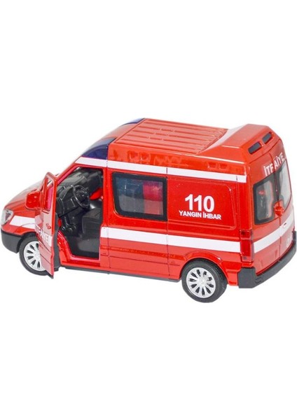 Diecast Metal Itfaiye Mercedes Sprinter Çek Bırak Işıklı Siren Sesli 14 cm Kapıları Açılır