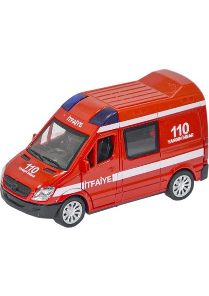 Diecast Metal Itfaiye Mercedes Sprinter Çek Bırak Işıklı Siren Sesli 14 cm Kapıları Açılır