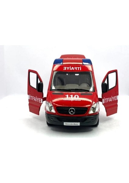 Diecast Metal Itfaiye Mercedes Sprinter Çek Bırak Işıklı Siren Sesli 14 cm Kapıları Açılır