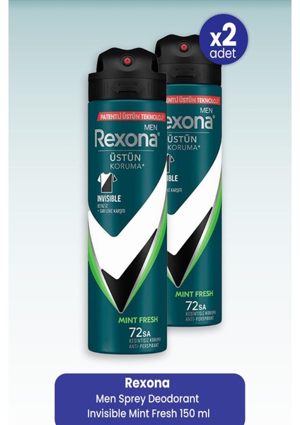 Men Sprey Deodorant Invisible Mint Fresh 150 ml x 2 Adet