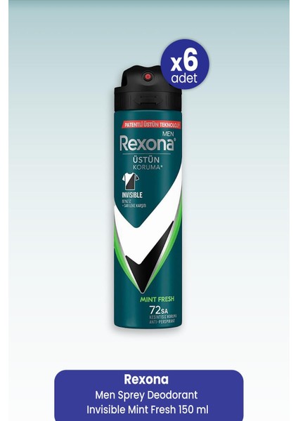 Men Sprey Deodorant Invisible Mint Fresh 150 ml x 6 Adet