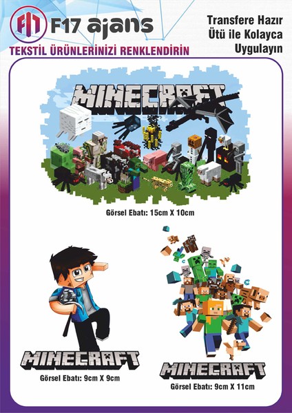 Ütü ile Yapışan Tekstil Dtf Transfer Baskı Minecraft 3'lü Set
