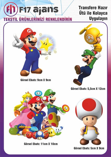 Ütü ile Yapışan Tekstil Dtf Transfer Baskı Süper Mario 4'lü Set