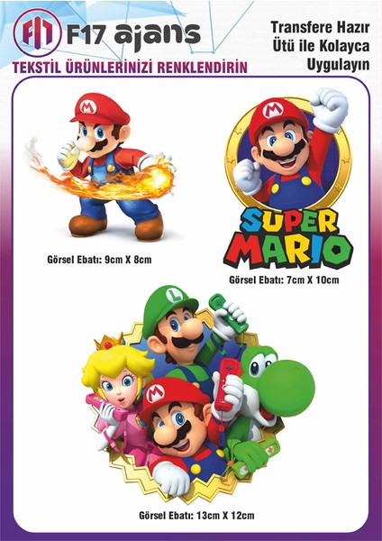 Ütü ile Yapışan Tekstil Dtf Transfer Baskı Süper Mario 3'lü Set