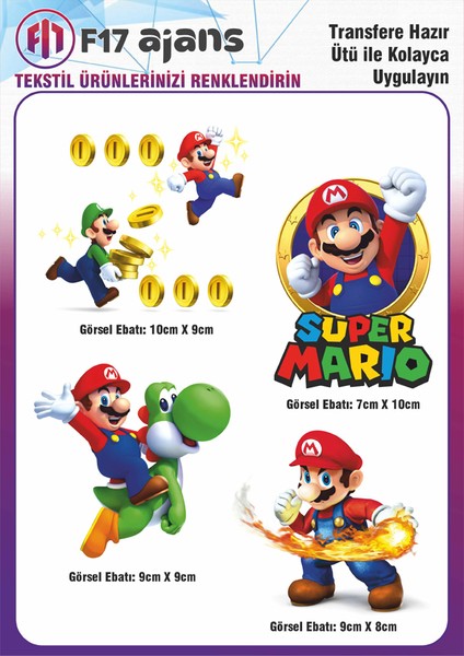 Ütü ile Yapışan Tekstil Dtf Transfer Baskı Süper Mario 4'lü Set