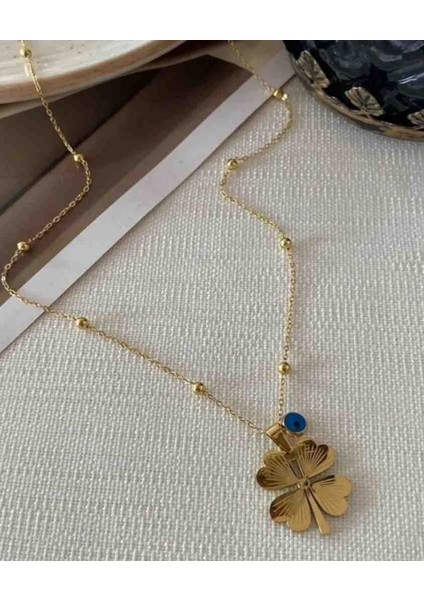 316L Çelik Kadın Top Zincirli 50 cm Nazarlikli Yonca Kolye