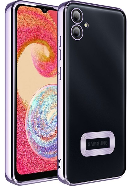 Samsung Galaxy A04E Kapak Yanları Renkli Lens Korumalı Logo Gösteren Şeffaf Luxury Silikon Kılıf - Lila