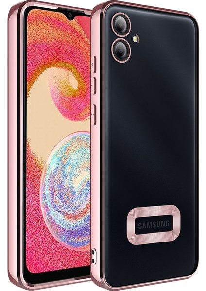 Samsung Galaxy A04E Kapak Yanları Renkli Lens Korumalı Logo Gösteren Şeffaf Luxury Silikon Kılıf - Rose Gold