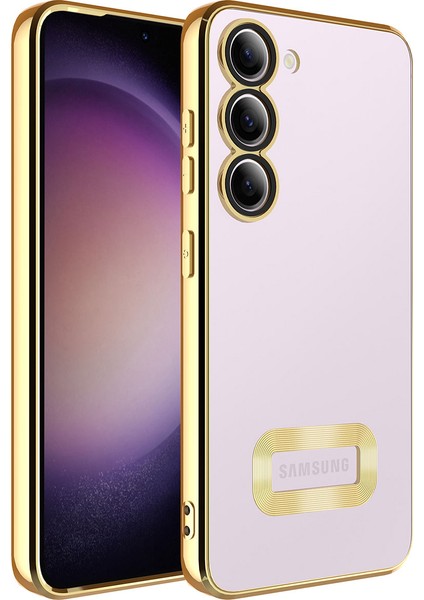 Samsung Galaxy S23 Plus Kapak Yanları Renkli Lens Korumalı Logo Gösteren Şeffaf Luxury Silikon Kılıf - Gold