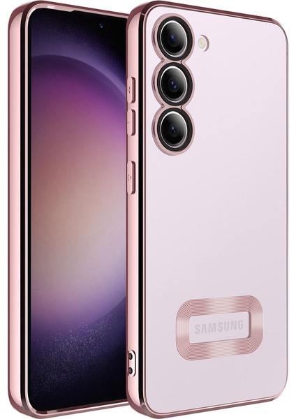 Samsung Galaxy S23 Plus Kapak Yanları Renkli Lens Korumalı Logo Gösteren Şeffaf Luxury Silikon Kılıf - Rose Gold