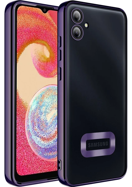 Kzy Samsung Galaxy A04E Kapak Yanları Renkli Lens Korumalı Logo Gösteren Şeffaf Luxury Silikon Kılıf - Mor