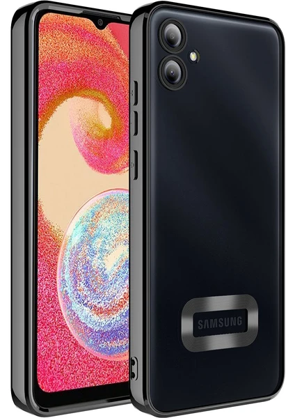 Kzy Samsung Galaxy A04E Kapak Yanları Renkli Lens Korumalı Logo Gösteren Şeffaf Luxury Silikon Kılıf - Siyah