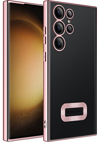 Kzy Samsung Galaxy S23 Ultra Kapak Yanları Renkli Lens Korumalı Logo Gösteren Şeffaf Luxury Silikon Kılıf - Rose Gold