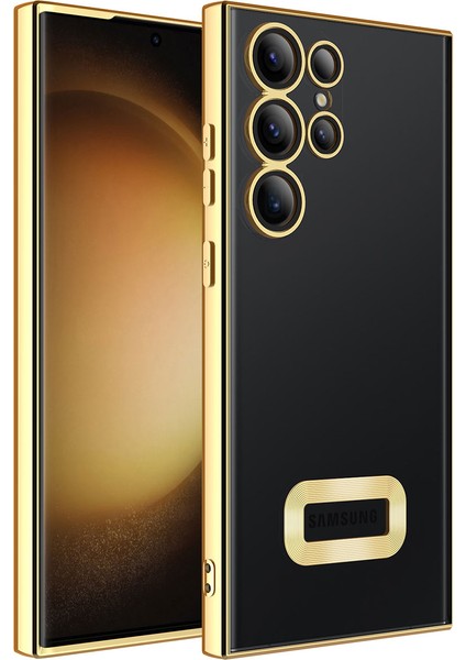 Samsung Galaxy S23 Ultra Kapak Yanları Renkli Lens Korumalı Logo Gösteren Şeffaf Luxury Silikon Kılıf - Gold