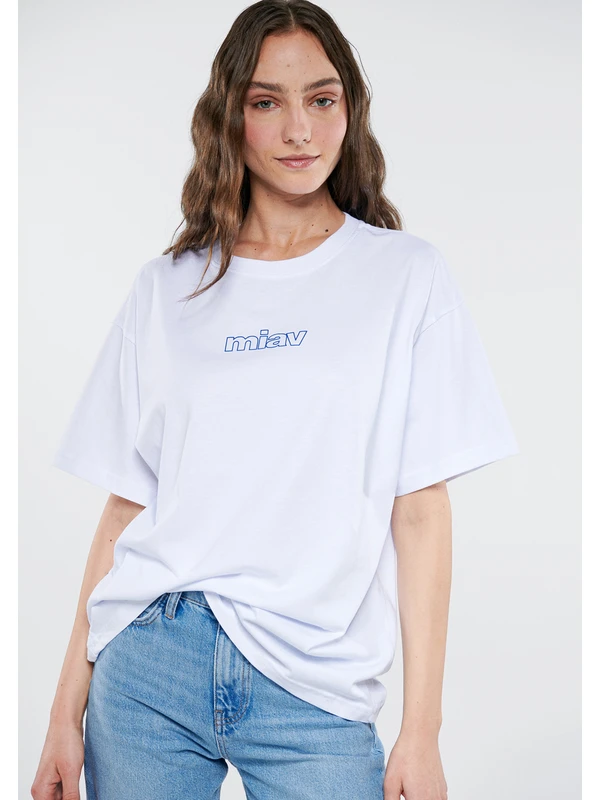Mavi Kadın Miav Baskılı Oversize Beyaz Tişört 1611935-620