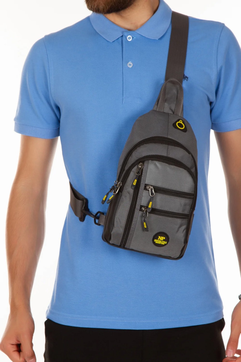 Newish Polo Body Bag USB Çıkışlı Çapraz Göğüs ve Sırt Çantası Qatro 2333 Su Geçirmez Gri Küçük Boy