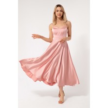 Lafaba Kadın Pudra Ince Askılı Midi Saten Abiye Elbise