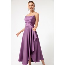 Lafaba Kadın Lavanta Volanlı Yırtmaçlı Saten Midi Boy Abiye & Mezuniyet Elbisesi