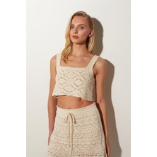 Sherin Ekru Kare Yaka Geometrik Desenli Triko Atlet SWA4643EK