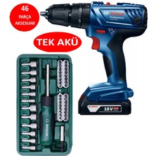 Bosch Tek Akülü Darbeli Matkap 18V Akülü Vidalama Şarjlı Matkap + 46 Parça Vidalama Ucu Tornavida