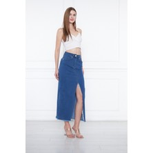 Kasheha Koyu Mavi Önden Derin Yırtmaçlı Püsküllü Cepli Yüksek Bel Pamuklu Kot Etek - KSH00302