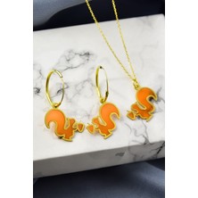 Papatya Silver 925 Ayar Gümüş Gold Kaplama Parlayan Rüya Serisi Tasarım Ebruli Cam Boya Sincap Küpe ve Kolye Set