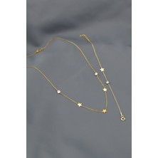 Papatya Silver 925 Ayar Gümüş Altın Kapla Taşlı Yıldız Kolye Bileklik Set