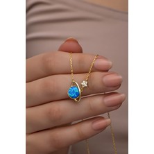 Nereze 925 Ayar Gümüş Gold Kaplama Mavi Opal Taşlı Gezegen Kolye