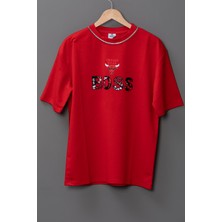 Wolters Outdoors Erkek Chıcago-Boos Oversize Baskılı Pamuklu Bisiklet Yaka Kısa Kollu T-Shirt