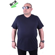 Starbattal Erkek Büyük Beden Likralı Basic V Yaka Tişört Kısa Kol Lacivert 3XL 11170
