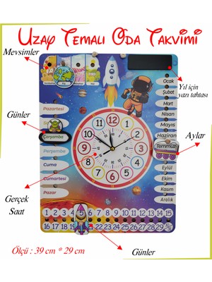 Ankebut Çocuk Odası Türkçe Gezegen Temalı Gerçek Saatli Duvar Takvimi