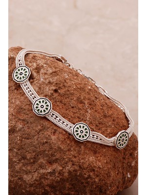 Sümer Telkari Anadolu Motifli Mineli Hasır Elişi Tasarım Gümüş Bileklik 4351