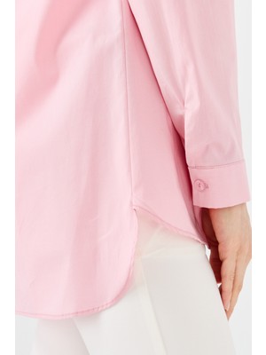 Desen Triko Kadın Koton Uzun Gömlek Pudra