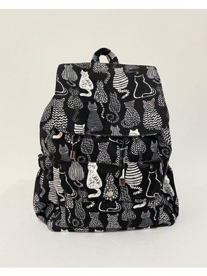 Talkıng Dreams Siyah Beyaz Kedili Çok Cepli Sırt Çantası