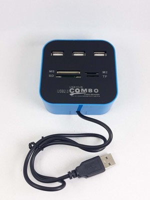 USB 2.0 Hub Çoklayıcı 3 Port Kart Okuyucu Çoklu Hadron HDX-7006 Mavi