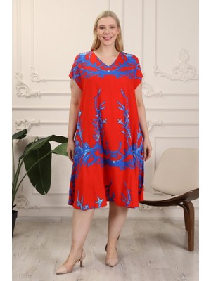 Likapa Kurudal Desenli Kısa Kollu Viskon Büyük Beden Elbise