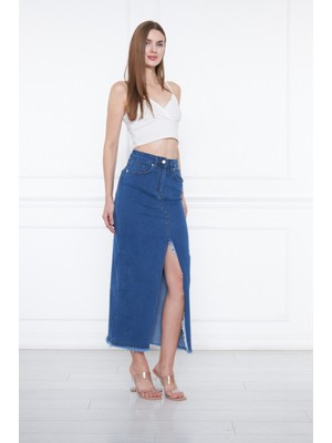 Kasheha Koyu Mavi Önden Derin Yırtmaçlı Püsküllü Cepli Yüksek Bel Pamuklu Kot Etek - KSH00302