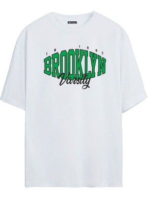 The Wert Unisex Brooklyn Baskılı Beyaz Oversize Tshirt