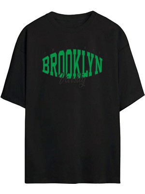 The Wert Unisex Brooklyn Baskılı Siyah Oversize Tshirt