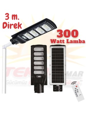 Tekno Solen 300W Güneş Enerjili Sokak Bahçe Aydınlatma Lambası - Direkli