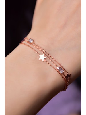 Papatya Silver 925 Ayar Gümüş Rose Kaplama Baget Taşlı Yıldızı Model Üç Zincir Bileklik