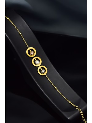 Papatya Silver 925 Ayar Gümüş Gold Kaplama Üç Çember Dorikalı, Incili Bileklik