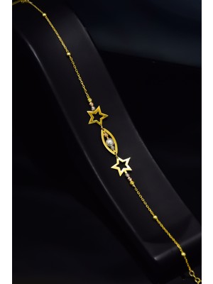 Papatya Silver 925 Ayar Gümüş Gold Kaplama Yıldız ve Oval  Incili, Dorikalı Bileklik