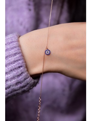 Papatya Silver 925 Ayar Gümüş Rose Kaplama Zirkon Taşlı Nazar Boncuğu Bileklik
